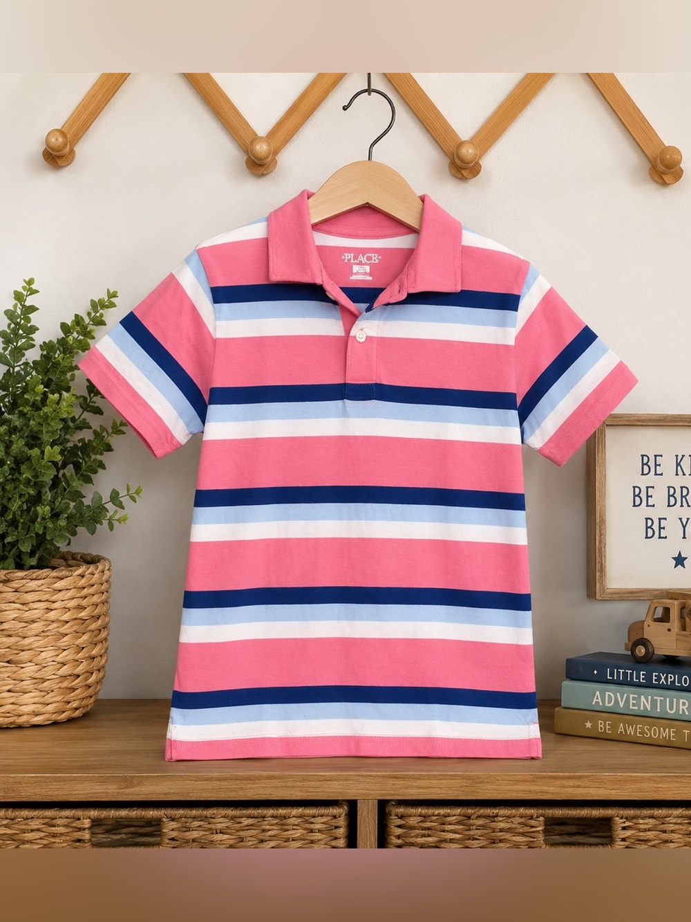 The Children's Place Boys M 7/8 Pink Blue Striped Short Sleeve Polo Shirt